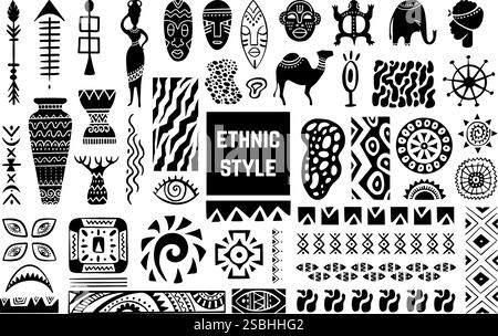 Kollektion mit Elementen im ethnischen Stil. Isolierte Doodle-Ornamente, afrikanische Masken und Tiersilhouetten, dekorative Maskottchen und Symbole. Stammesvektor Stock Vektor