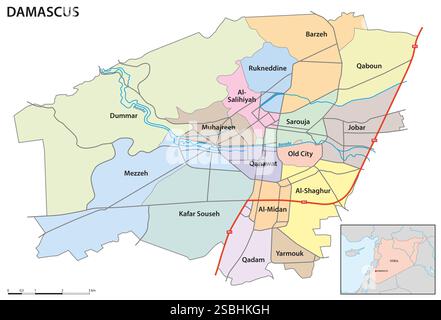 Verwaltungskarte der syrischen Hauptstadt Damaskus Stockfoto
