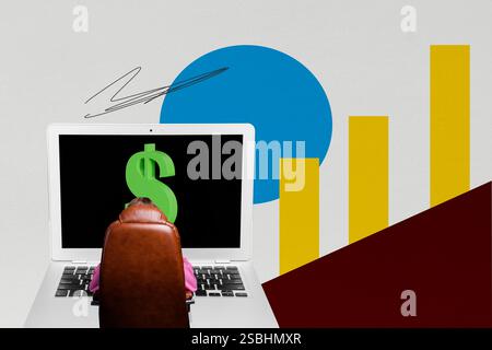 Trend Artwork Vorlage Design 3D Collage Skizze von Job Arbeitsplatz Unternehmer Beruf Person sitzen Sessel Arbeit Laptop verdienen Dollar Stockfoto