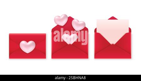 Vektorsatz mit roten Hüllen mit 3D-Herzen Stock Vektor