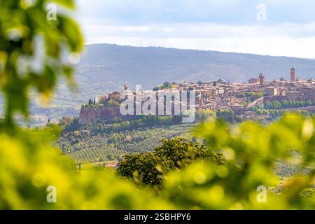 Orvieto, Umbrien, Italien: Panoramablick auf die Stadt in Hügeln. Stockfoto