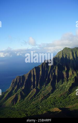 Goldenes Licht über der Na Pali Küste, Kauai – dramatische Klippen, üppige Täler und der Pazifik schaffen ein atemberaubendes tropisches Paradies. Stockfoto