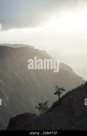 Goldener Sonnenaufgang über den dramatischen Klippen der Na Pali Coast, Kauai, Hawaii – atemberaubende Natur und ein Paradies für Abenteuerlustige. Stockfoto