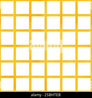 Aquarell horizontale vertikale gelbe Linien nahtloses kariertes Muster isolierter Hintergrund. Handgemalte naive Pinselstreifen verzierten Illustration. Stockfoto