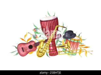 Karnevalsinstrumente in Aquarellfarben, schwarzer Hut unter naiven grünen, orangen Blättern. Gitarre, Saxophon, Djembe-Trommel, Maraca. Brasilianisch Stockfoto