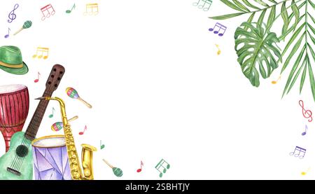 Aquarell Mardi Gras Karnevalszubehör, Musikinstrumente, musikalische Noten mit tropischen Blättern, horizontaler Rahmen mit leerem Platz für Text Stockfoto