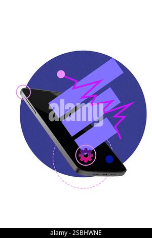 3D-Collage Poster Vorlage Trendgrafik Skizze eines großen Smartphones Display Zielstatistiken Grafiken Diagramme zur Analyse des Cyberspace mit Zahnrädern Stockfoto