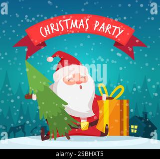 Weihnachtsfeier. Hintergrund mit weihnachtsmann und Geschenkboxen. Vektorfarbene Geschenke für Kinder Stock Vektor