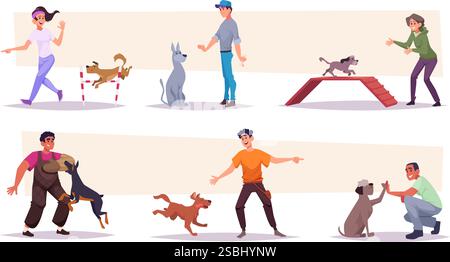 Hundetrainer. Tierlehrer Menschen Hundeausbildungen exakte Vektorwelpen mit speziellen Übungen Stock Vektor