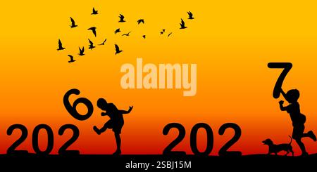 Neujahr 2027 Hintergrunddesign mit Silhouette eines Jungen, der die Nummer 6 von 2026 tritt und einen anderen Jungen mit der Nummer 7 von 2027 Stock Vektor