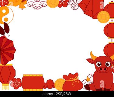 2033 Chinesisches Neujahr, Mondlaterne Festival, Jahr des Stiers Vorlage Vektor-Grafiklinie rechteckiges Rahmendesign mit chinesischen traditionellen Elementen. Stock Vektor