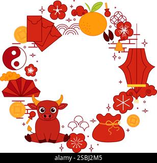 2033 Chinesisches Neujahrsgrüßkreis mit rundem Rahmen mit Stier in grafischer Liniendarstellung. Vektorwolke, Laternen, traditionelle Elemente Mondlaterne f Stock Vektor
