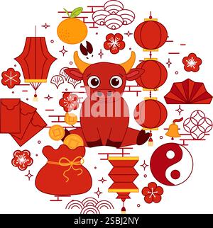 Kreative chinesische Neujahr 2033 Stier Rundkreis Komposition mit grafischem Vektor traditionelle chinesische Elemente und Dekorationen in Rot. mondlaterne fe Stock Vektor