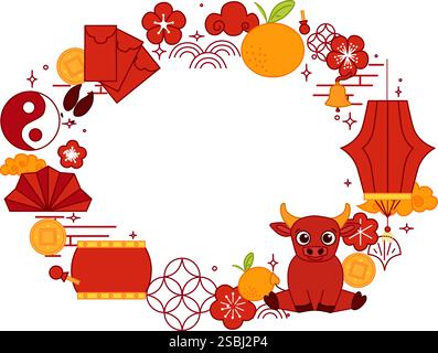 Chinesisches Neujahr von Bull 2033 ovale Rahmenvorlage für Ihren Text. CNY Mondlaterne Festival verwandte Objekte Vektor-Grafik-Illustration Stock Vektor