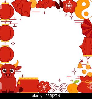 Klassische chinesische Elemente 2033 Bulle Mondlaterne Festival CNY Vektor grafische Linie Stil quadratischer Rahmen Scroll Board Dekoration Stock Vektor