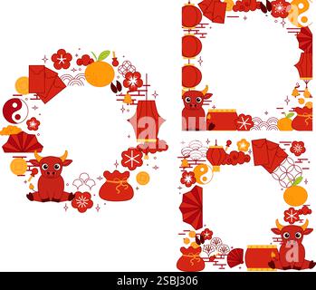 China Neujahr 2033 Bullenkreis Rundrahmen Set. Vektorgrafik-Linienvorlagen Jahr des Stiers, Lunar Lantern Festival Hintergrundmaterial. Stock Vektor