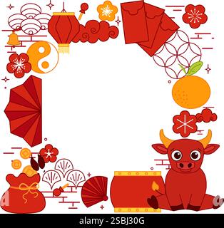 Chinesisches Neujahrsrundrahmenschema im Quadrat. 2033 Bullenlaterne Mondfestival Vektor-Grafik-Illustration mit traditionellen Elementen auf tr Stock Vektor