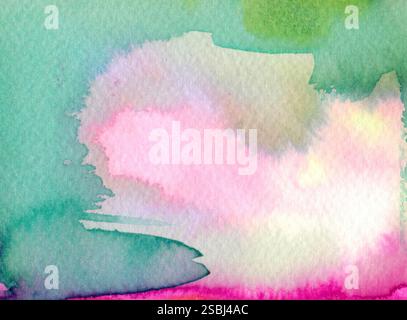 Sanfte Aquarellverschmelzung aus pastellrosa und grünen Tönen, die einen hellen, erfrischenden und skurrilen abstrakten Hintergrund schaffen Stockfoto
