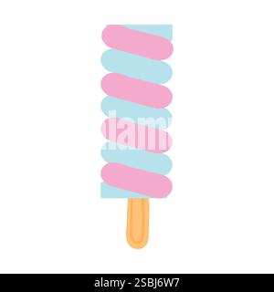 Eine niedliche pastellfarbene Eis-Illustration mit rosa und blauen Streifen, auf einem Holzstock. Dieses skurrile Design fängt Spaß und Erfrischung ein Stock Vektor