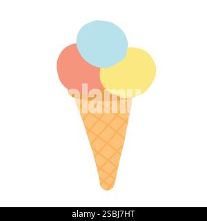 Abbildung: Eisbecher mit drei Kugeln in Pastellfarben blau, rosa und gelb. Der Kegel hat eine Waffelstruktur. Perfekt für Sommermotive Stock Vektor