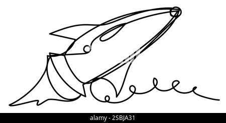 Fliegende Weltraumrakete in einer Zeile auf weißem Hintergrund. Stock Vektor