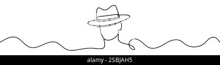Minimalistische Vektor-Illustration mit einer durchgehenden Linienzeichnung eines Fedora-Hutes, der ein Gesicht teilweise verdeckt Stock Vektor