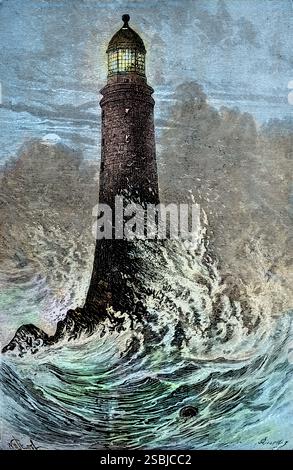 Der Eddystone Lighthouse liegt auf den gefährlichen Eddystone Rocks, südlich von Rame Head, England. Die aktuelle Struktur ist die vierte, die auf dem Gelände gebaut werden. Die erste und zweite wurden durch Sturm und Feuer zerstört. Der dritte, von John Smeaton gebaut, ist am besten bekannt wegen seines Einflusses auf die Leuchtturmgestaltung und seiner Bedeutung bei der Entwicklung von Beton für den Bau. Stockfoto