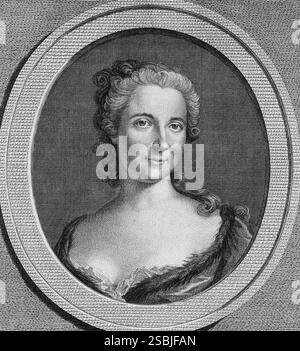 Kupferstich von Gabrielle Emilie de Breteuil, Marquise du Chatelet, von Louis-Simon Lempereur (Kupferstecher) und Charles/nMonnet (Künstler), um 1771-2. Emilie du Chatelet (1706–1749) war eine französische Naturphilosophin und Mathematikerin, die für ihre Übersetzung und Kommentare zu Isaac Newtons 1687 erschienenem Buch über die Gesetze der Physik Philosophiae Naturalis Principia Mathematica bekannt war. Ihr Kommentar enthält einen Beitrag zur Newtonschen Mechanik. Stockfoto