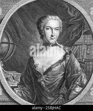 Kupferstich von Gabrielle Emilie de Breteuil, Marquise du Chatelet, von Louis-Simon Lempereur (Kupferstecher) und Charles/nMonnet (Künstler), um 1771-2. Emilie du Chatelet (1706–1749) war eine französische Naturphilosophin und Mathematikerin, die für ihre Übersetzung und Kommentare zu Isaac Newtons 1687 erschienenem Buch über die Gesetze der Physik Philosophiae Naturalis Principia Mathematica bekannt war. Ihr Kommentar enthält einen Beitrag zur Newtonschen Mechanik. Stockfoto
