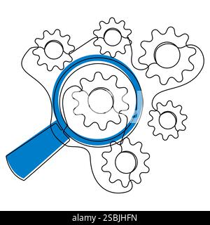 Blaue Lupe zeigt auf die Zahnräder mit einer Linie auf weißem Hintergrund. Stock Vektor
