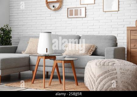 Graues Sofa, Couchtisch und moderner Luftbefeuchter im Wohnzimmer Stockfoto