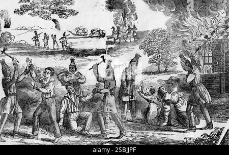Frontispiece (Detail) zu Authentic Narrative of the Seminole war von Mary Godfrey, veröffentlicht 1836. Illustration: Seminolen-Indianer töten Weiße. Stockfoto