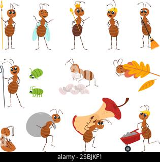 Lustige Ameisen. Cartoon Ameisenfigur schläft, arbeitet, ruht, isst. Isolierte Insekten tägliche Aktivitäten, wilde Waldtiere kindliche Maskottchen, Klasse Stock Vektor