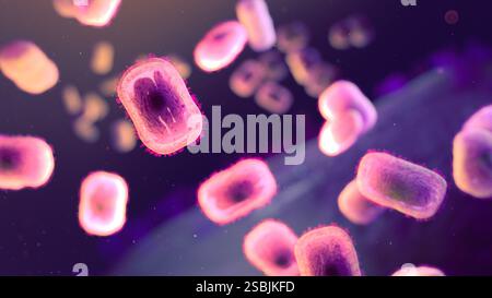 Extrazelluläre, ziegelförmige Mpockenvirione (rosa gefärbt). Die Hintergrundbeleuchtung zeigt die Oberflächenmembranen der Virionen und die Konturen der Nukleokapside. Stockfoto