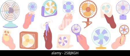 Elektrische Handlüfter. Geräte für die Innenraumklimaanlage. Mobile Kunststoffventilatoren in verschiedenen Händen. Persönlicher Lüfterkühler für heißes Wetter, toller Vektor Stock Vektor
