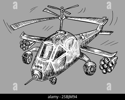 Militärhubschrauber im Skizzenstil auf grauem Hintergrund. Stock Vektor