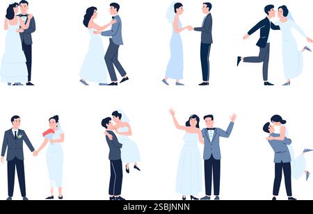 Hochzeitspaare. Bräutigam in offiziellen Outfits, gerade verheiratet. Zeremonie-Charaktere in verschiedenen Posen, Heiratsleute, frisch vermählte neue Vektor-Set Stock Vektor