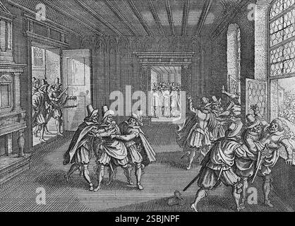 Matth√' US Merians Eindruck der Prager Verteidigung von 1618. Verteidigung ist der Akt, jemanden aus dem Fenster zu werfen. Der Begriff wurde um die Zeit eines Vorfalls auf der Prager Burg im Jahr 1618 geprägt, der zum Funken wurde, der den Dreißigjährigen Krieg auslöste. Ein ähnlicher Vorfall ereignete sich 200 Jahre früher im Prager Rathaus, der 1419 zum Hussitenkrieg führte. Gravur aus dem Jahr 1662. Stockfoto