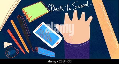 Schulbedarf auf dem Schreibtisch. Stock Vektor