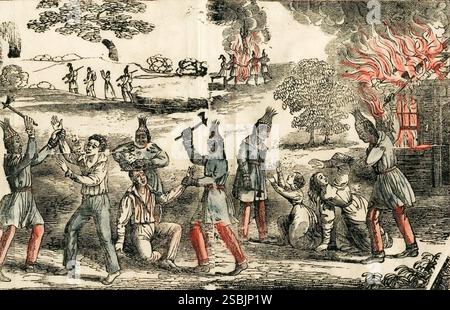 Frontispiece (Detail) zu Authentic Narrative of the Seminole war von Mary Godfrey, veröffentlicht 1836. Illustration: Seminolen-Indianer töten Weiße. Stockfoto