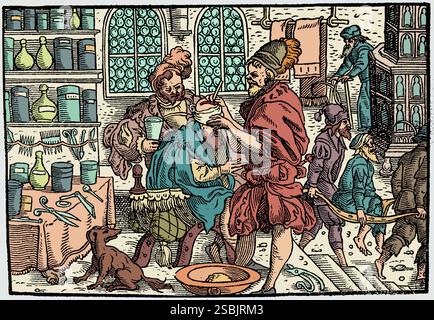 Paracelsus operiert am Kopf eines Mannes. Paracelsus (1493-1541), geboren Theophrastus von Hohenheim, war Schweizer Arzt, Alchemist, Laientheologe und Philosoph der deutschen Renaissance, bekannt als Vater der Toxikologie. Von der ander Theyl der Grossen, ca. 1560s. Gefärbt. Stockfoto