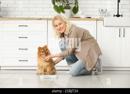 Reife Frau füttert süßen Pommerschen Hund in der Küche Stockfoto