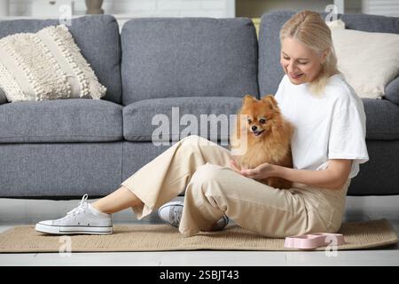 Reife Frau, die zu Hause süßen Pommerschen Hund füttert Stockfoto