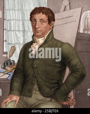 Joseph-Louis Lagrange (1736–1813), auch bekannt als Giuseppe Luigi Lagrangia, italienisch-französischer Mathematiker und Astronom, der bedeutende Beiträge zu den Bereichen Analyse, Zahlentheorie und Klassik und Himmelsmechanik leistete. Stippelätzung und Stich von Luigi Rados nach einer Zeichnung von Roberto Focosi, 1827. Farbig. Stockfoto