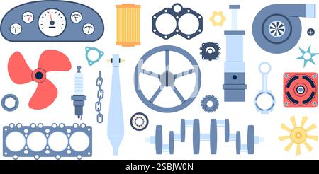 Ersatzteile für Boote. Ausrüstung für Reparatur und Montage von Schiffen oder Booten. Mechanische Getriebe, Gelenke, Rohre, Ketten, Steuertafel für Schiffe, zuletzt verwendeter Vektor-Clipart Stock Vektor