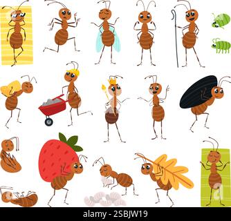 Niedliche Cartoon-Ameise. Lustige Ameisen arbeiten, kommunizieren, ruhen und pflegen für Larven. Insektenaktivität in verschiedenen Stellungen, Waldflora und Fauna klassisch Stock Vektor