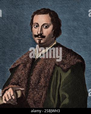 Evangelista Torricelli (1608–1647) war ein italienischer Physiker und Mathematiker und Student von Galileo. Er ist vor allem für seine Erfindung des Barometers bekannt, ist aber auch für seine Fortschritte in der Optik und die Arbeit an der Methode der Unteilbaren bekannt. Strichstich von F. Allegrini, 1760. Farbig. Stockfoto