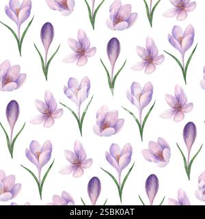 Nahtloses Blumenmuster in Aquarellfarben mit Frühlingsblumen und Flieder-Krokussen. Isolierte Elemente auf weißem Hintergrund. Für Stoff, Tapeten, Textilien, Prin Stockfoto