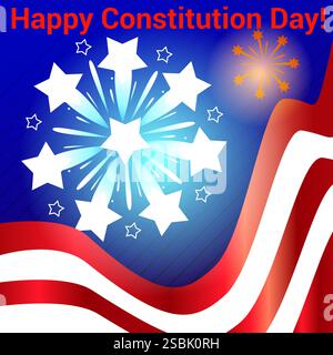 Alles Gute Zum Tag Der Verfassung. Die USA-Flagge schwenkt mit Sternen und Salut. Stock Vektor