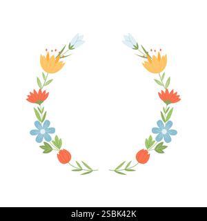 Hand gezeichneter Vektorkranz mit niedlichen Frühlingswildblumen und Zweigen. Niedliche Blumenrunde für Einladung, Hochzeit, Grußkarten Stock Vektor